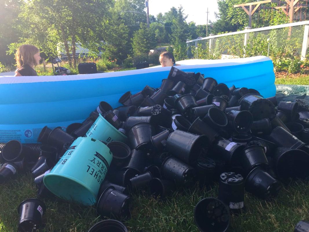 Girls clean small flowerpots in a inflatable swimming pool