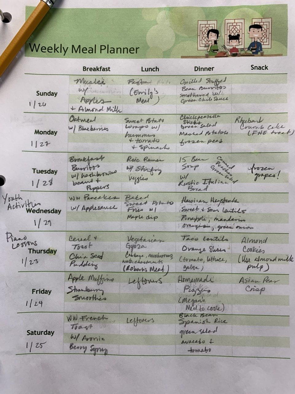 A handwritten weekly meal planner all filled out.