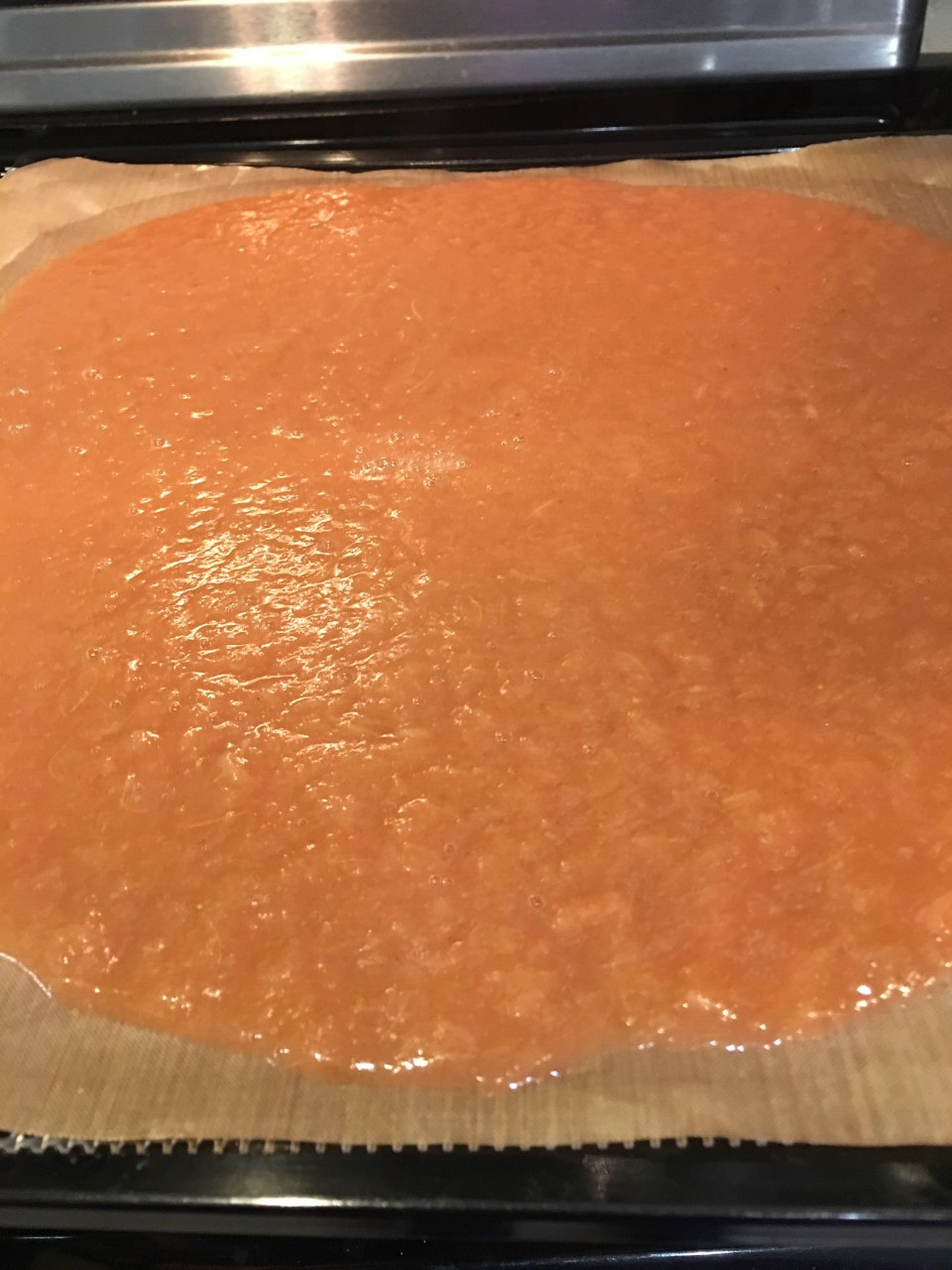 Strawberry rhubarb fruit leather puree spread out on a dehydrator sheet.